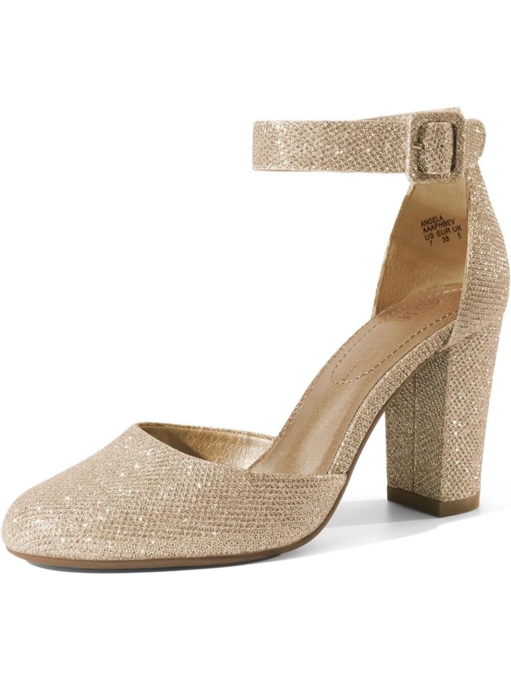 Women's Gold Glitter Leather High Heel Closed Toe Shoes Chunky Wedding Pump